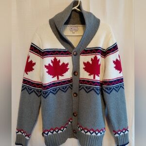 Gray and White Sweater with Red Maple Leaf Design